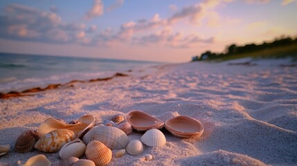 Seashells scattered on pristine sandy beach with gentle waves and golden sunset lighting in the background creating a tranquil coastal scene