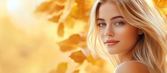 Fototapeta premium Blonde young woman outdoors among golden autumn leaves with ample soft focus copyspace for text, warm color palette, close-up angle.