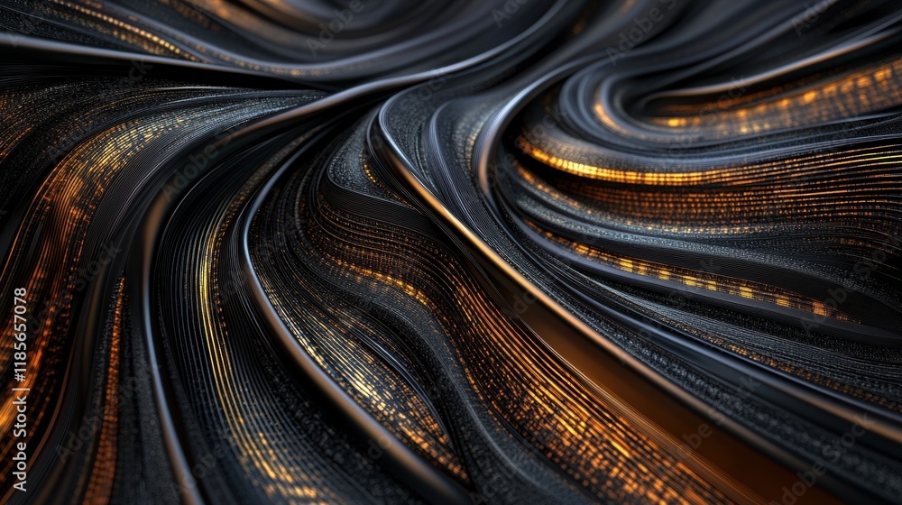 Poster dynamic waves of metallic texture abstract art digital design studio environment close-up viewpoint