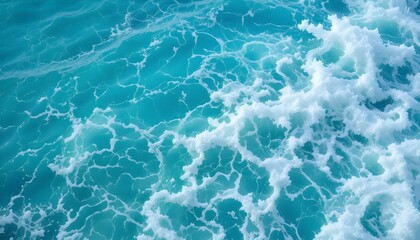 Fototapeta premium Pure blue turquoise water texture of the ocean sea with foam from waves 