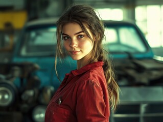 Young woman mechanic in workshop wearing red coveralls standing in front of vintage cars with blurred background and ample empty space for text.