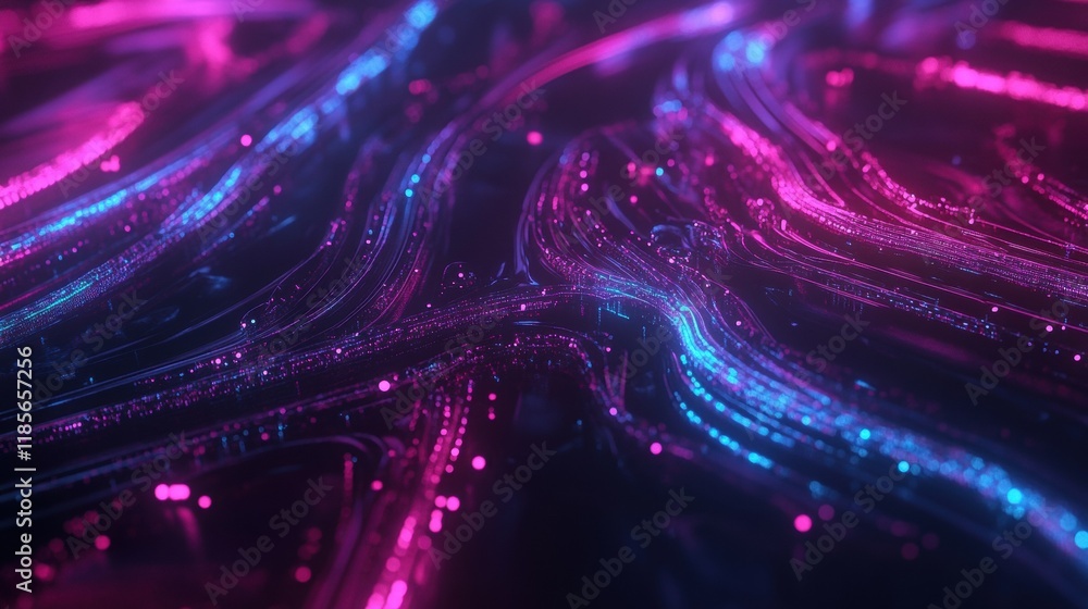 Poster dynamic flow of neon light waves digital abstract art futuristic space high-tech vibes close-up pers