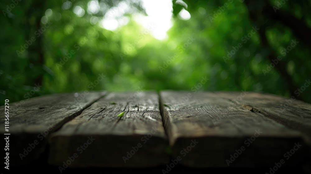Poster rustic wooden table with lush green bokeh background ideal for summer product display and nature-ins