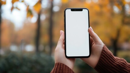 Young woman in a cozy sweater holding a smartphone in a park with vibrant autumn foliage, large blank space on the screen for text overlays, lifestyle, technology, nature.