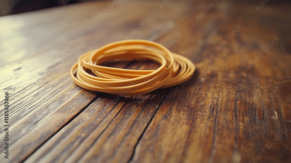Poster rubber bands creatively arranged on a rustic wooden table surface showcasing texture and color contr