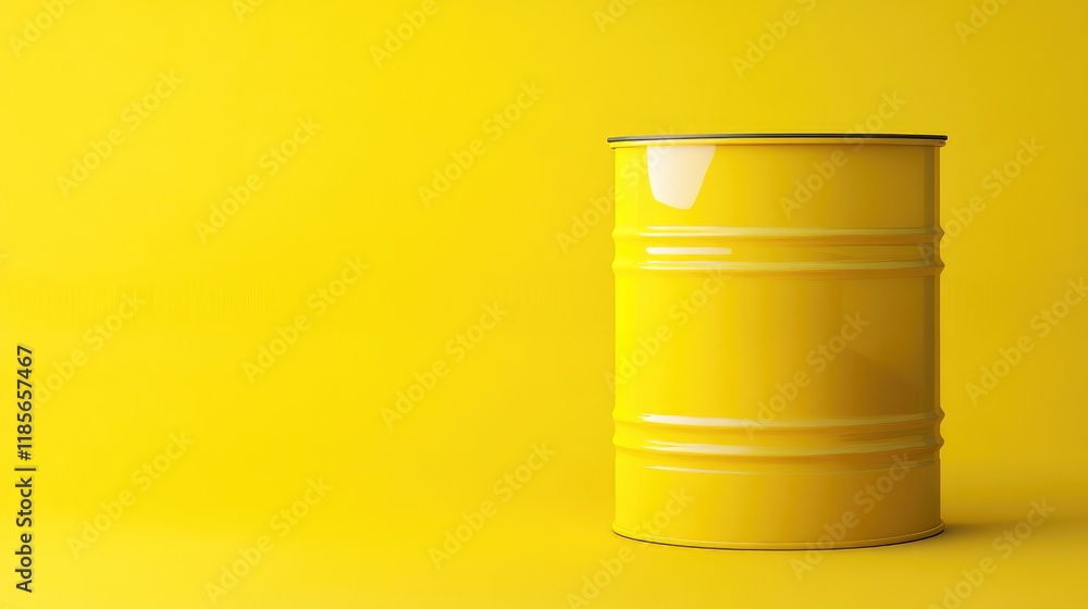 Poster empty yellow barrel standing against a bright yellow background with space for customizable text or 