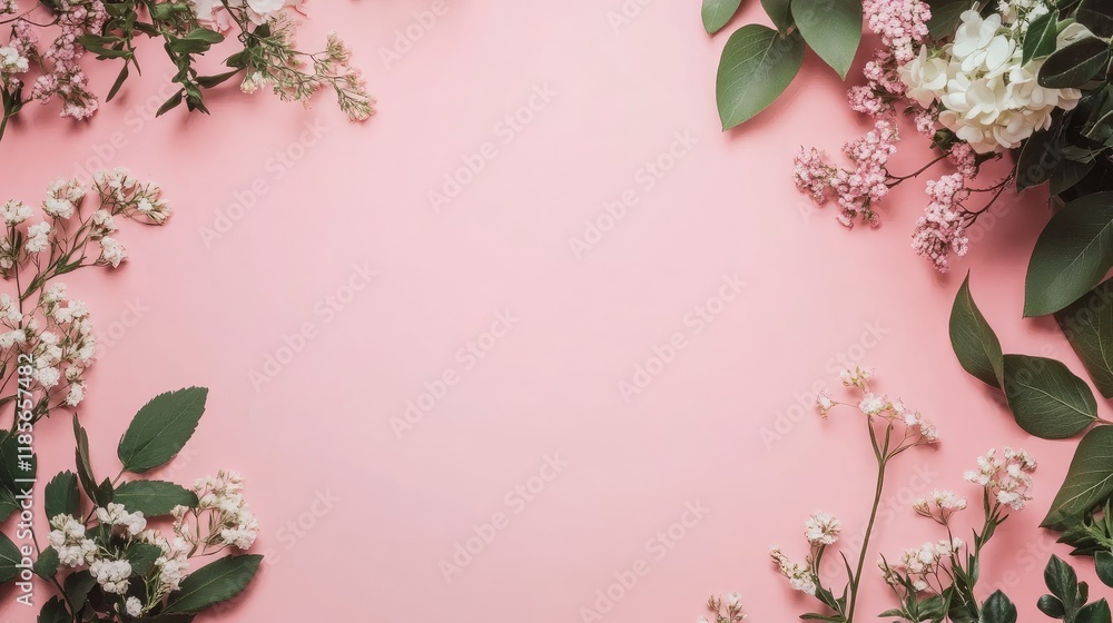 Poster floral arrangement border on soft pink background with ample empty space for text or design elements