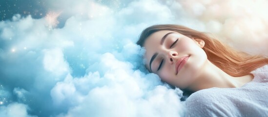 Young woman peacefully sleeping on soft blue clouds with ample empty space for text, captured in soft focus with warm lighting and gentle colors.