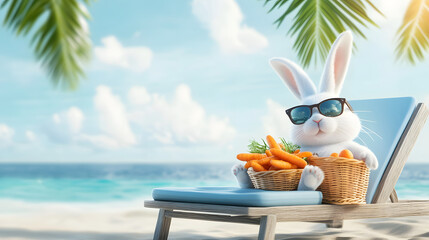 Obraz premium A Chill Bunny Enjoys the Beach Life: Sunglasses, Carrots, and Sunshine Await Adventures by the Shoreline for a Fun-Filled Day!