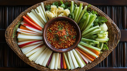 A minimalist composition of blanched vegetables artfully arranged around a vibrant bowl of chili dip, capturing the essence of Thai culinary traditions.