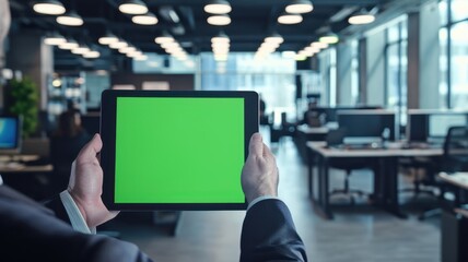 Mockup image of a businessman holding a tablet with green screen in the office