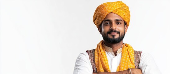 Obraz premium Young Indian farmer wearing traditional attire, smiling against a plain white background, ideal for text overlay, portrait, cultural representation, agriculture, lifestyle.
