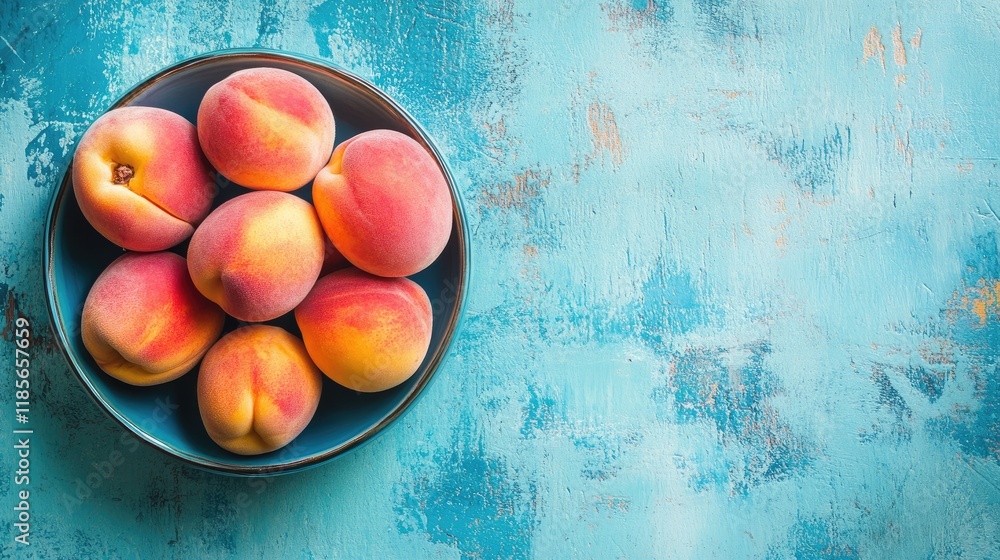 Poster ripe peaches arranged in a blue bowl on a vibrant blue textured table with ample empty space for des
