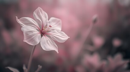 Fototapeta premium A soft pink flower glistens with dew in a tranquil garden at dawn. The flower stands prominently amidst a softly blurred background of other blooms, evoking a sense of calm and beauty