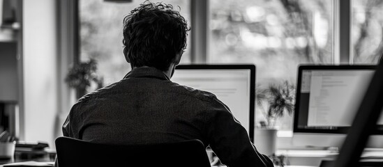 Analyzing work margins in a modern office setting with empty text space for customization