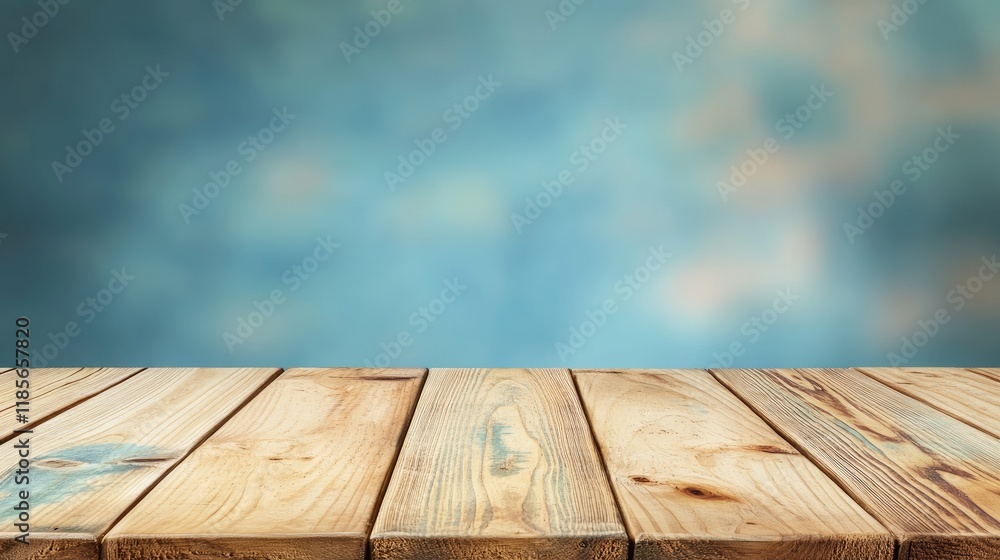 Poster wooden table surface with blurred background ideal for displaying products or text in a cozy dining 