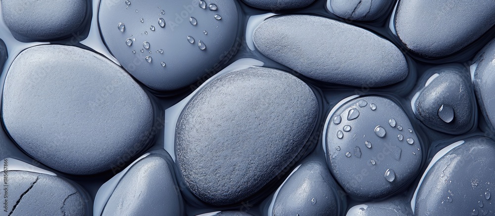 Poster zen background of smooth grey pebbles with water drops for spa and wellness themes empty copy space 