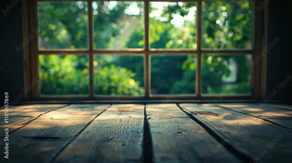Poster rustic wooden table with natural light from blurred garden view creating a serene atmosphere for int
