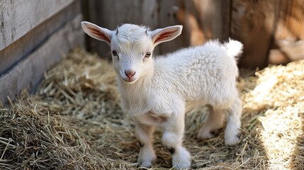 Fototapeta premium Baby goat in straw at a goat farm highlighting home farming and domestic livestock concepts for agricultural imagery.