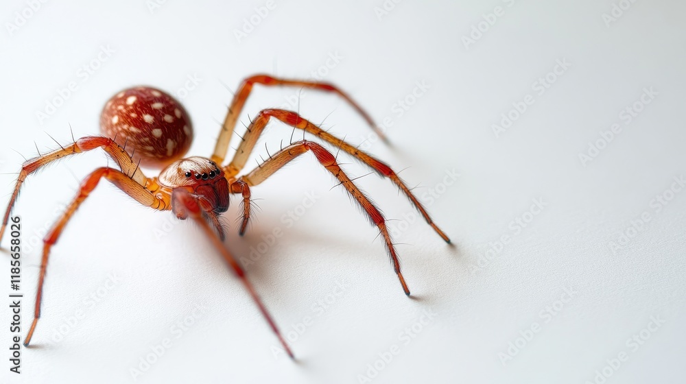 Poster close-up of a red and brown spider with a glossy body on a clean white background showcasing intrica