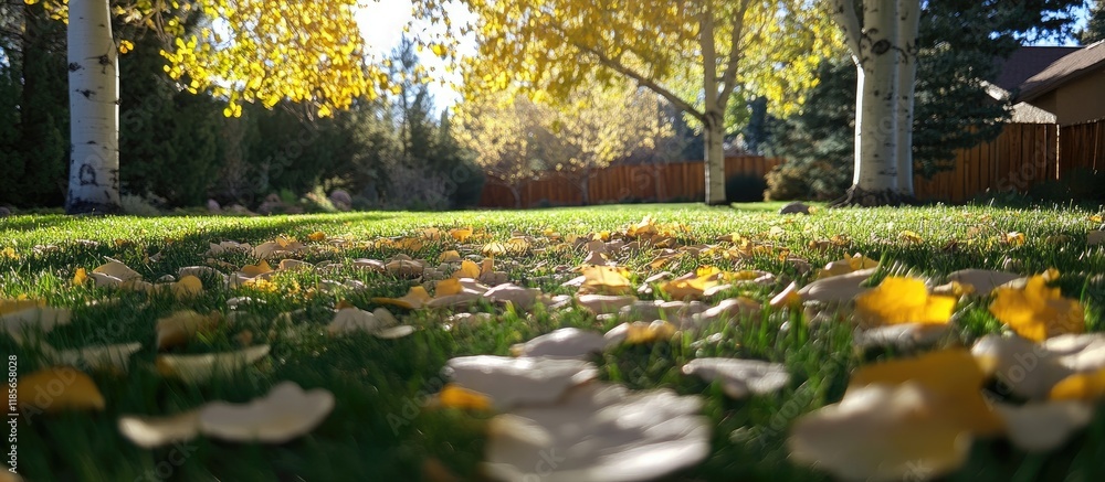 Poster fallen aspen leaves on grass in sunlight creating an autumn nature scene with empty space for text a