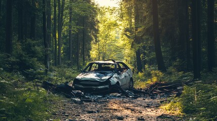 Abandoned wrecked car in serene forest setting with sunlight filtering through trees and ample empty space for text overlay