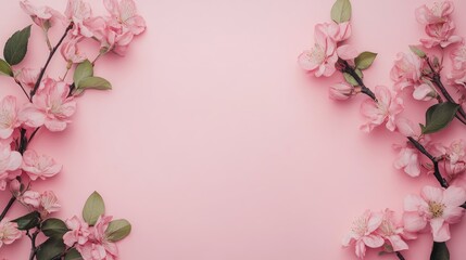 Fototapeta premium Elegant floral border on soft pink backdrop with delicate blossoms and leaves, perfect for a romantic or spring-themed design.