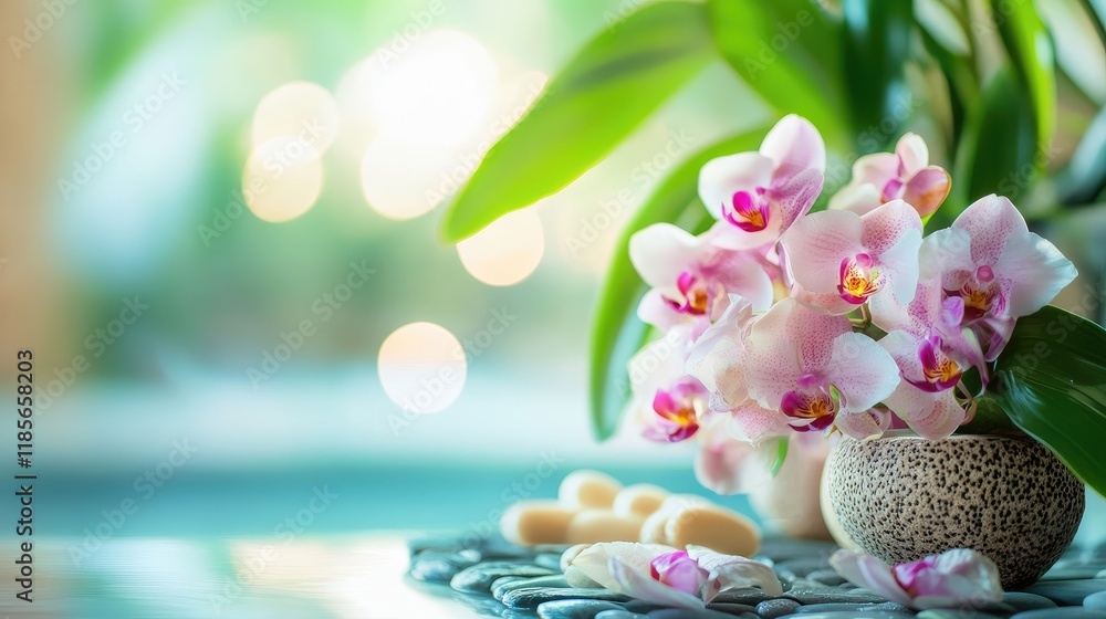 Aufkleber floral arrangement with pink orchids in a serene spa setting creating a calming atmosphere for relax