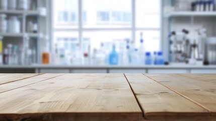Wooden Tabletop with Laboratory Equipment Background Ideal for Science and Research Themes