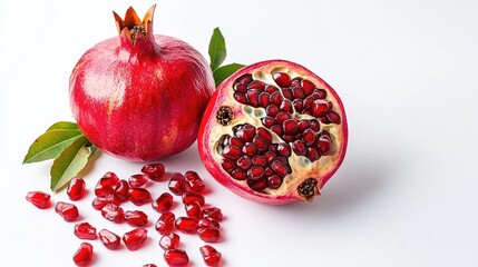 Fresh pomegranate fruit with vibrant seeds and green leaves displayed on a clean white background for natural food imagery.