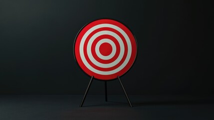 "Red and white bullseye target on a tripod stand against a dark background, emphasizing goal setting and focus, minimalistic design, inspiration, motivation, empty space for text."