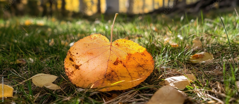 Poster fallen aspen leaves on grass illuminated by sunlight capturing autumn beauty with space for text in 