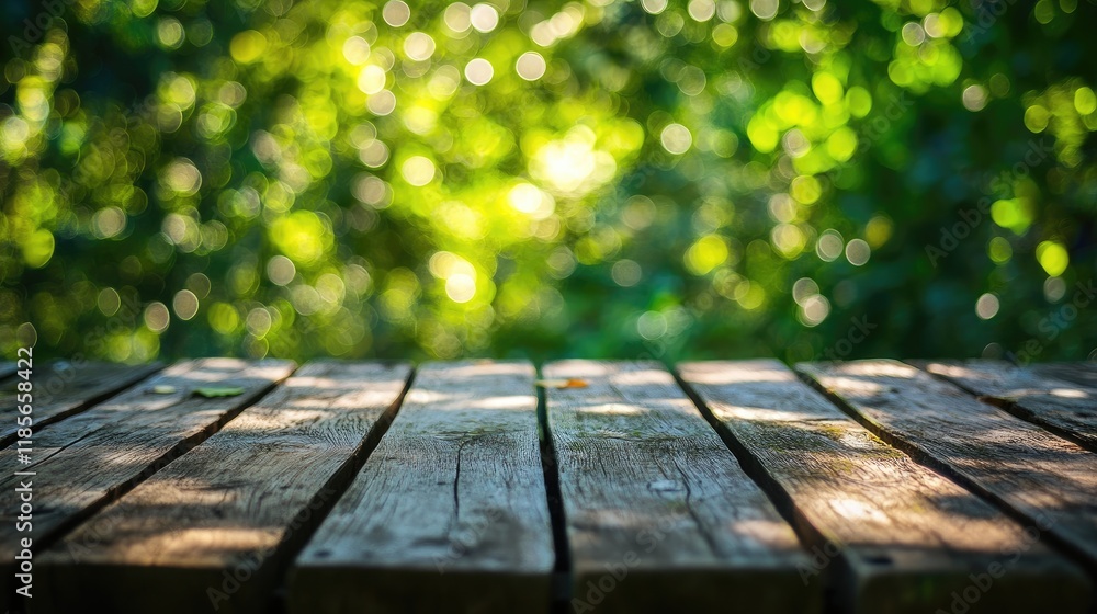 Poster wooden table surface with soft green bokeh background ideal for product display and photography use