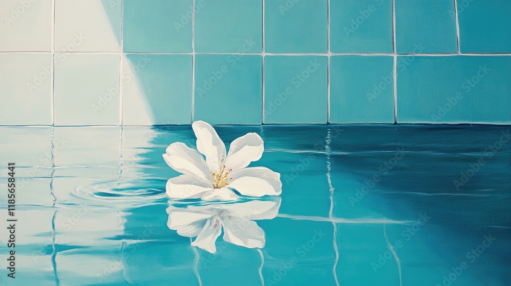Poster serene pool scene featuring a single white flower floating on tranquil blue water with tiled backdro