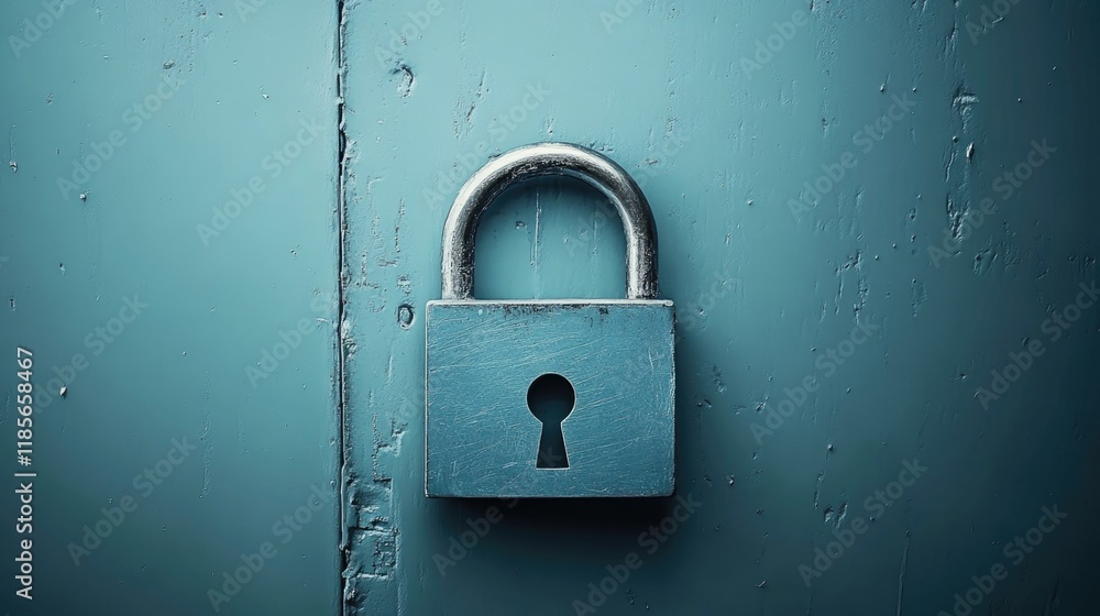 Poster lock on a teal door surface representing security in digital networks, featuring a large empty area 