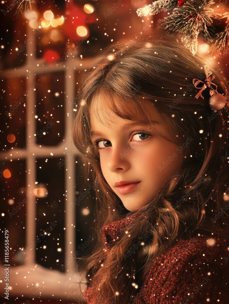 Poster girl in a christmas setting with warm bokeh lights and falling snow, profile view with large empty c