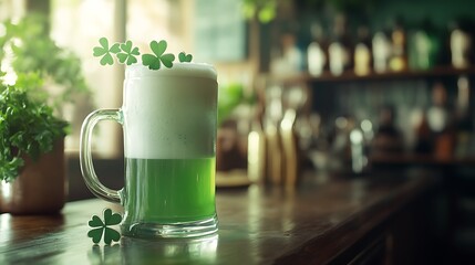 St Patricks Day festivity featuring a frothy mug of green beer and shamrock decorations on a rustic bar top