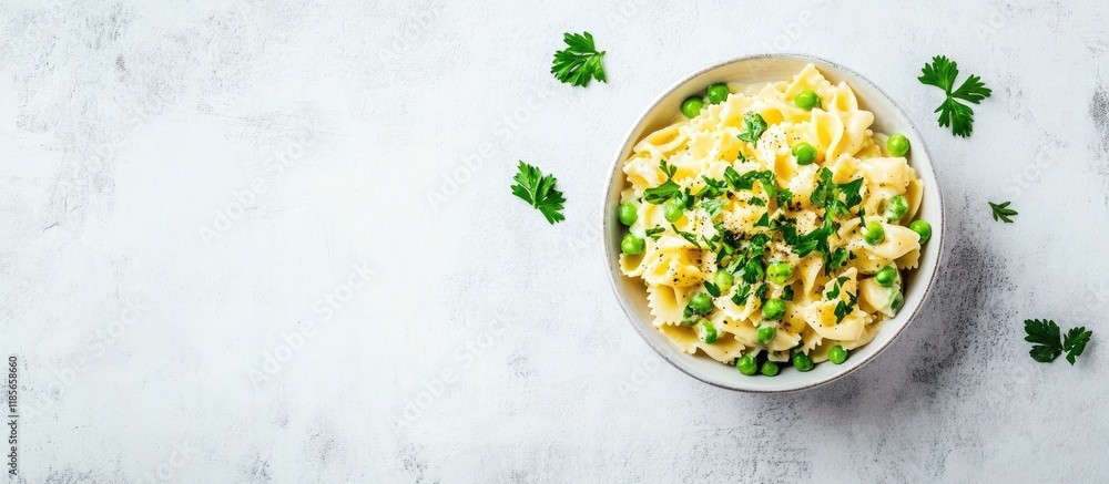 Aufkleber creamy pasta with peas and parsley in white bowl on light gray background with empty space for custo