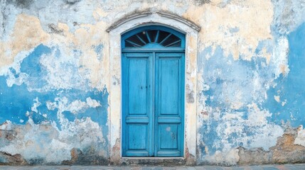 Fototapeta premium Vintage blue door and window with weathered wall background showcasing classic architectural design and faded textures.