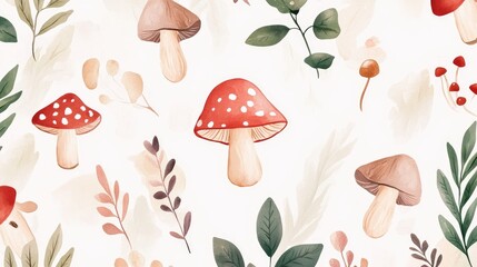 Mushroom pattern featuring various types of mushrooms and botanical elements in a whimsical watercolor style for food-themed designs.