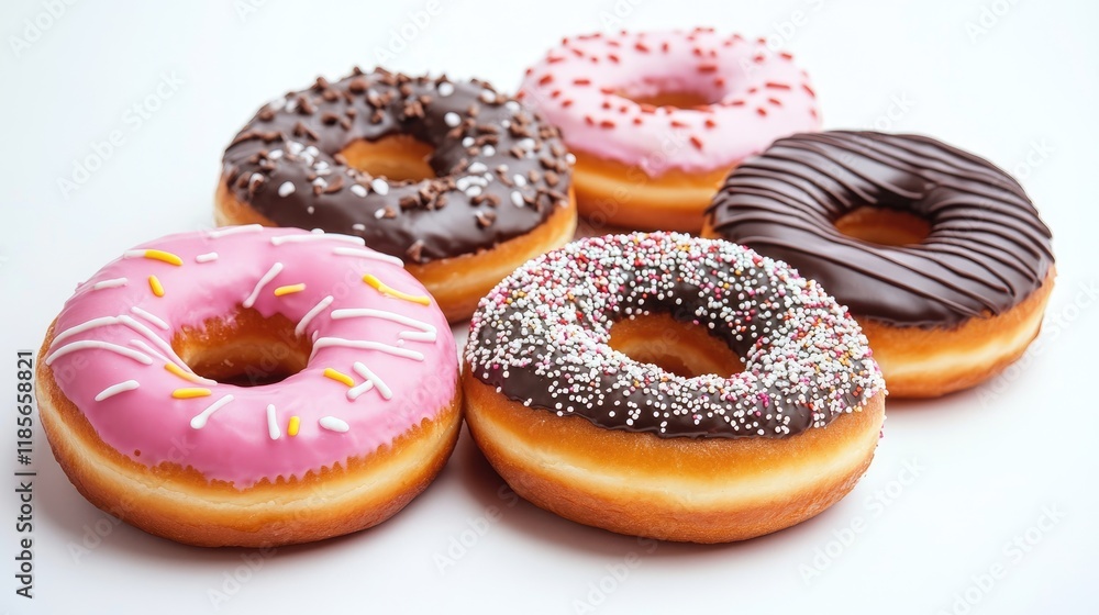 Poster assorted donuts with colorful icing and sprinkles arranged on a white background for a delightful de