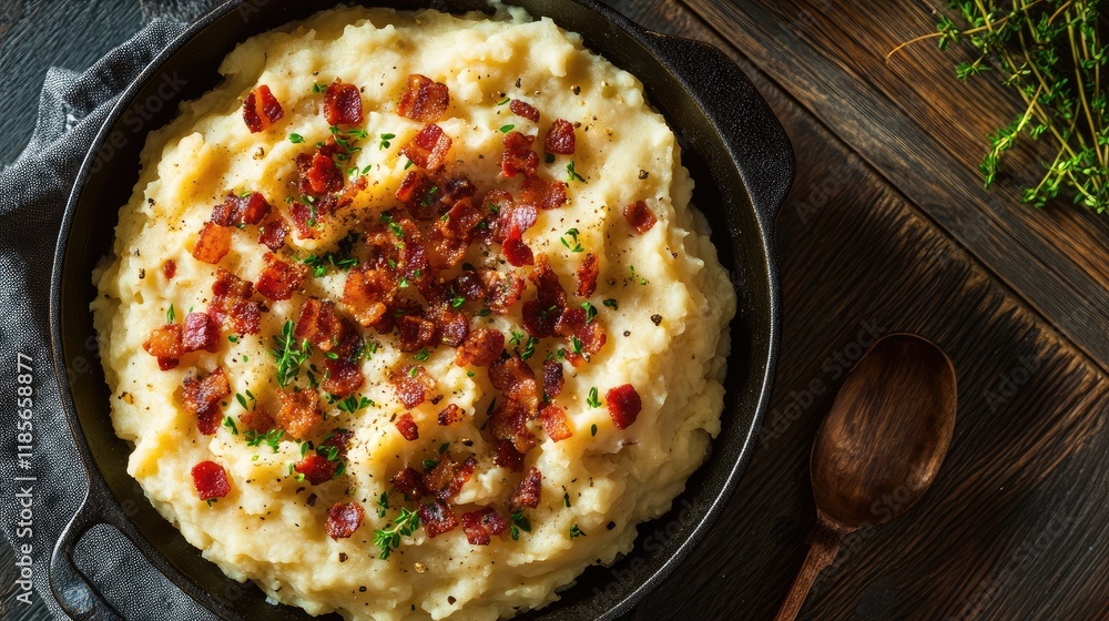 Poster alpine style mashed potatoes topped with crispy bacon bits in rustic serving dish