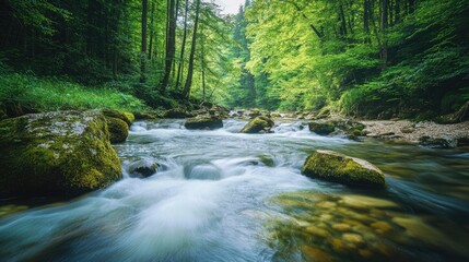Obraz premium Serene river flowing through lush forest with rapid stream ideal for kayaking in vibrant summer long exposure nature scene