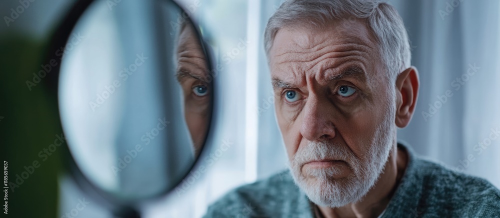 Poster senior man reflecting in circular mirror at home with soft natural light illuminating his thoughtful