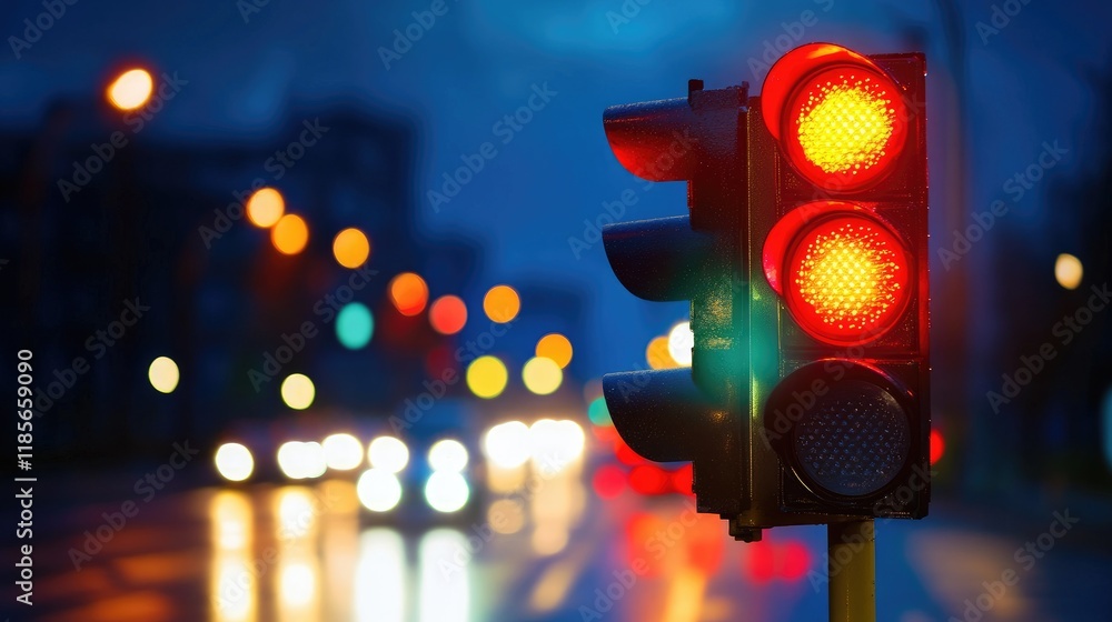 Poster a nighttime shot of a traffic light glowing in red, illuminating the surrounding road and creating a