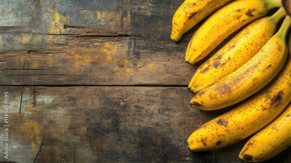 Poster ripe bananas on wooden background with ample blank space for business text and branding applications