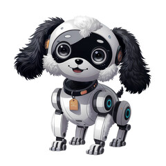 Naklejka premium Cute Black and White ai Robot Puppy spy Dog pet with floppy ears and big eyes isolated on transparent background