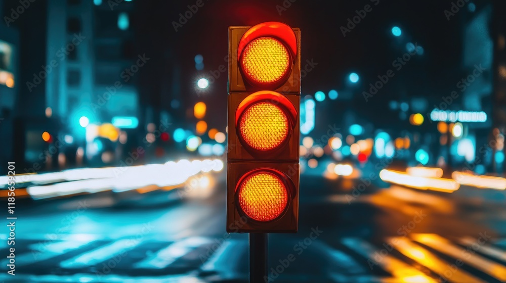 Poster a nighttime shot of a traffic light glowing in red, illuminating the surrounding road and creating a