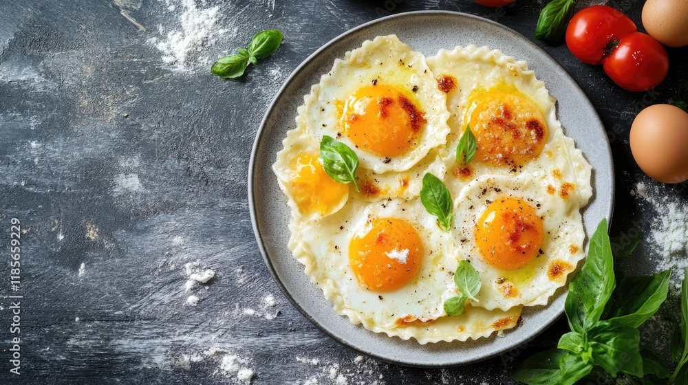 Aufkleber ricotta ravioli topped with egg yolks and fresh basil on a rustic background