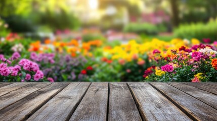 Fototapeta premium Wooden Tabletop with Vibrant Blurred Garden Background Ideal for Product Display and Creative Montages
